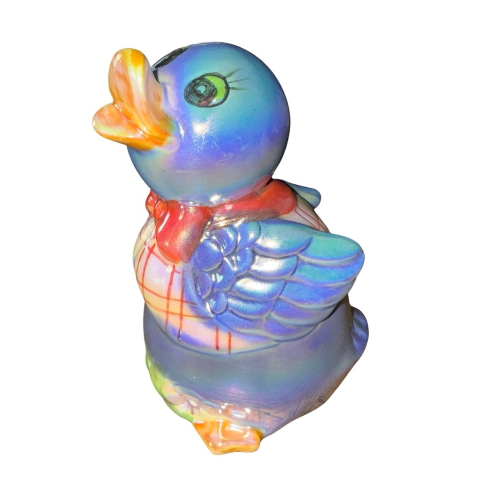 Lusterware Duck Duckling Bank Periwinkle Plaid Shirt Bow Tie Ceramic 5"
